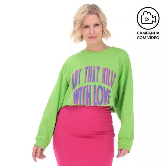Blusão Cropped Com Inscrições- Verde Limão & Pink- Colcci