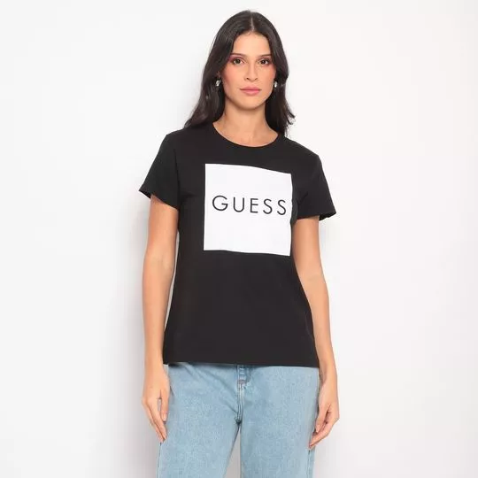 Camiseta Guess® Com Recortes - Preta & Marrom Claro - Guess