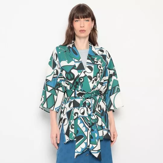 Kimono Abstrato- Off White & Verde- MARIA VALENTINA