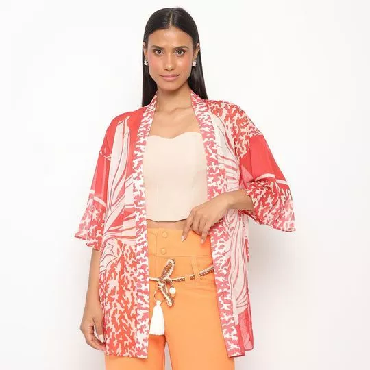 Kimono Alongado Abstrato- Vermelho & Off White- MARIA VALENTINA