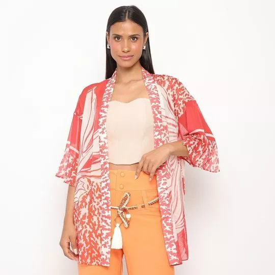 Kimono Alongado Abstrato - Vermelho & Off White - MARIA VALENTINA