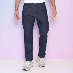 Calça Jeans Reta Com Bolsos<BR>- Azul Escuro