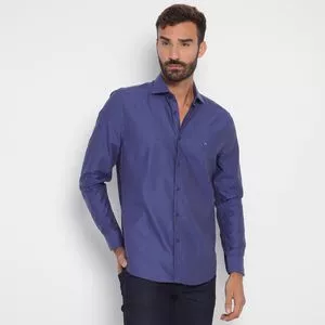 Camisa Slim Fit Com Bordado<BR>- Azul Marinho