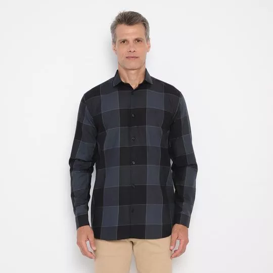 Camisa Regular Fit Xadrez- Preta & Cinza Escuro