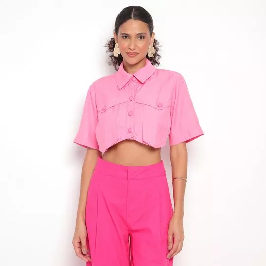 Camisa Cropped Com Bolsos- Rosa- Morena Rosa