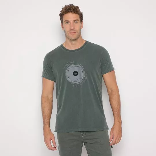 Camiseta Com Inscrições- Verde Escuro & Cinza Claro