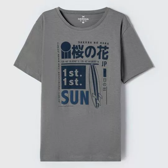 Camiseta Com Inscrições- Cinza Escuro & Azul Marinho