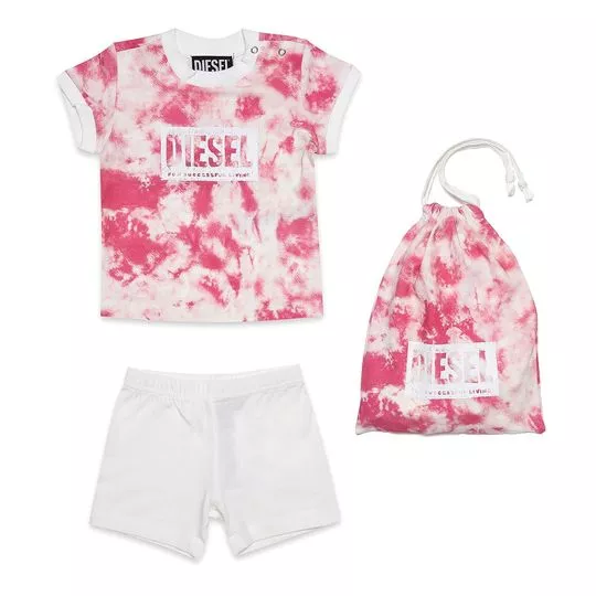 Conjunto Infantil De Camiseta Tie-Dye & Short- Branco & Rosa- Diesel