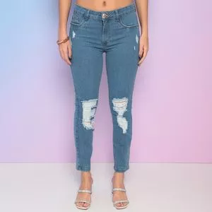 Calça Jeans Cropped Com Destroyed<BR>- Azul<BR>- Lança Perfume