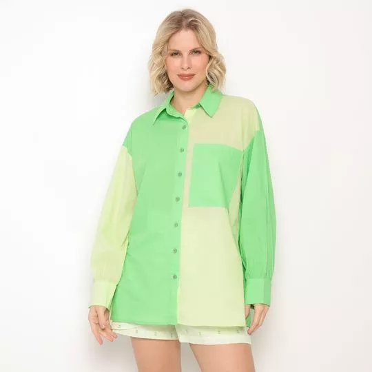 Camisa Alongada Com Recortes- Verde & Verde Claro- ZINCO