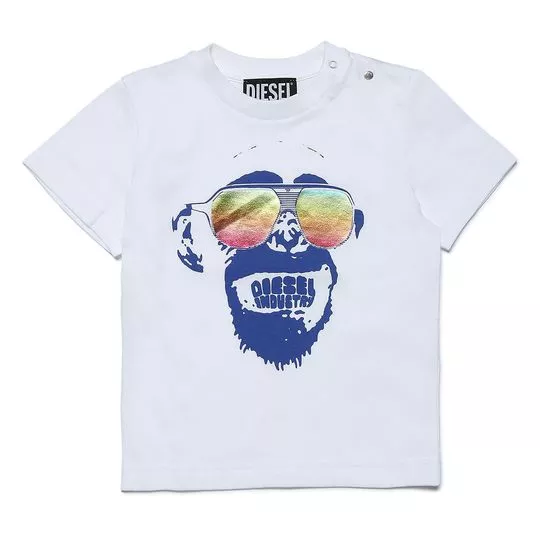 Camiseta Infantil Macaco- Branca & Azul Escuro- Diesel