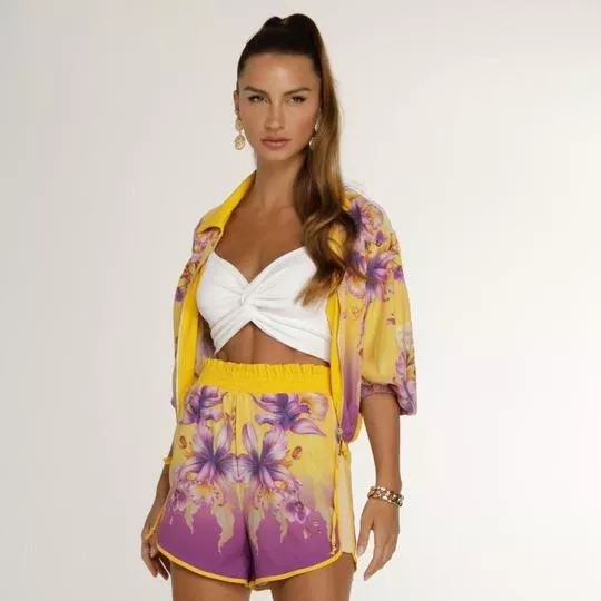 Jaqueta Floral Com Recortes- Amarela & Roxa- Onça Preta