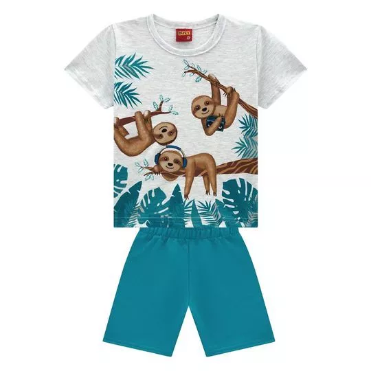 Conjunto Infantil De Camiseta & Bermuda- Cinza Claro & Azul Turquesa- Kyly