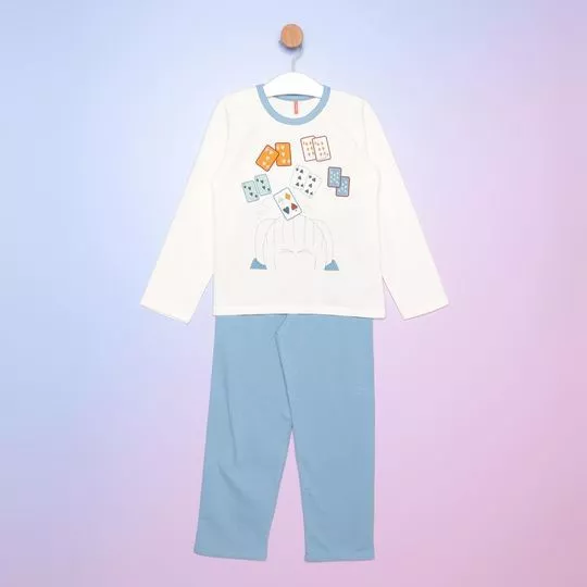 Pijama Manga Longa & Calça- Branco & Azul- Sonhart