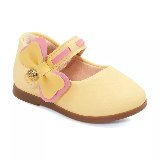Sapato Boneca Texturizado Com Laço- Amarelo Claro & Rosa- Klin