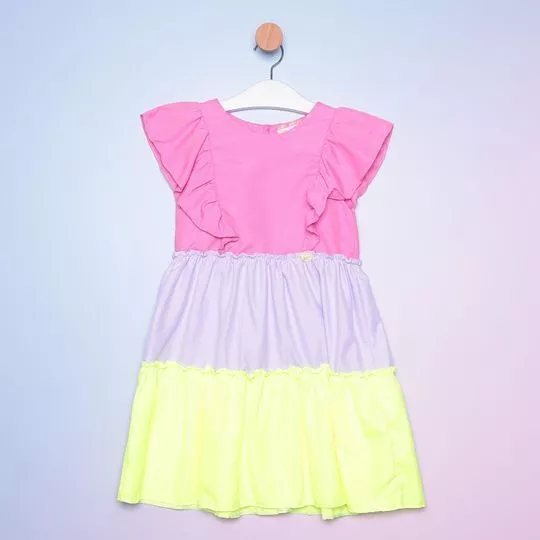 Vestido Com Recortes- Rosa & Amarelo Claro- Mon Sucré