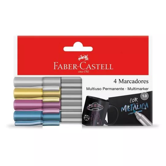 Kit De Marcadores Permanente Multiuso Metálico- 4 Cores- Faber Castell