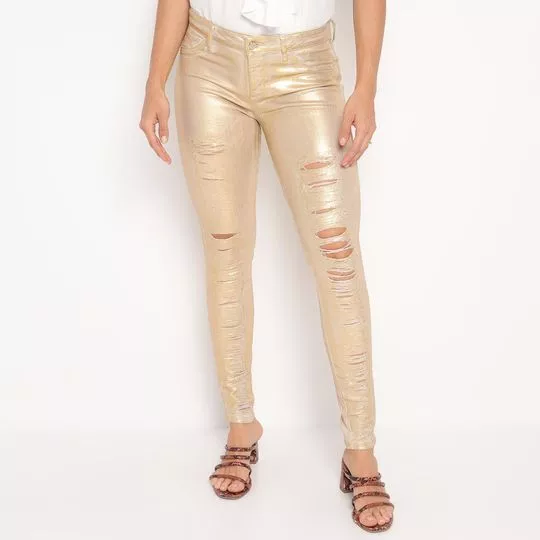 Calça Skinny Metalizada- Dourada- Guess