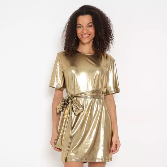Vestido Curto Metalizado Com Amarração- Dourado- Colcci