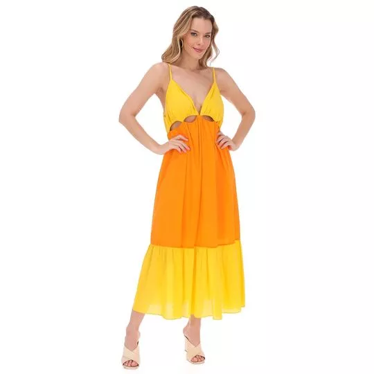 Vestido Midi Com Recortes- Amarelo & Laranja- ZINCO