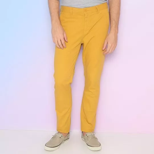 Calça Reta Em Sarja- Amarela- Guess