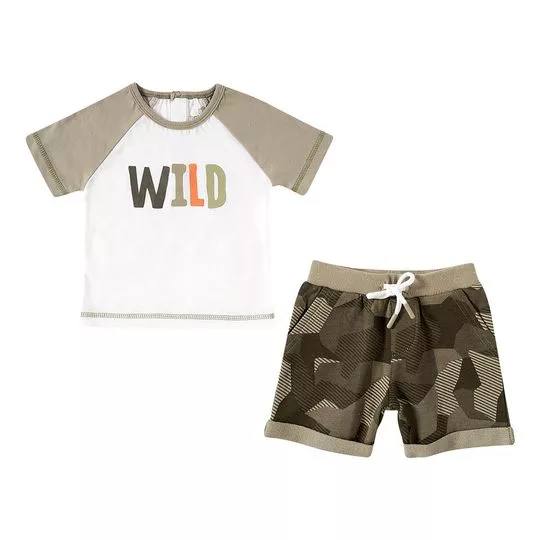 Conjunto De Camiseta Wild & Bermuda- Off White & Verde Militar- Tip Top