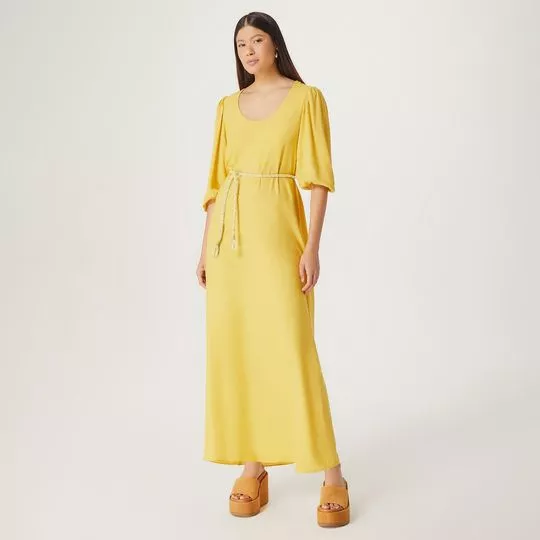 Vestido Longo Com Linho- Amarelo- HERING