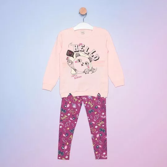 Conjunto Infantil De Blusão & Calça Reta Com Inscrições- Rosa Claro & Pink- Ralakids