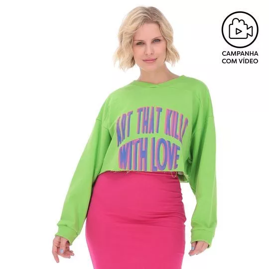 Blusão Cropped Com Inscrições -  Verde Limão & Pink - Colcci