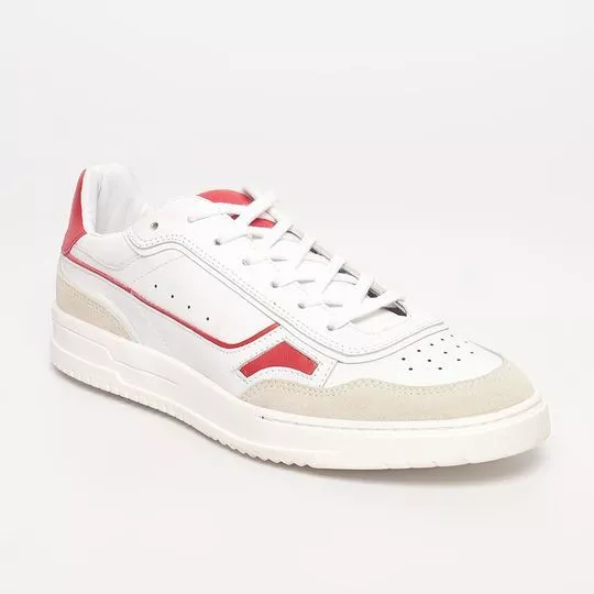 Tênis Em Couro Com Recortes -  Branco & Vermelho - Colcci Shoes
