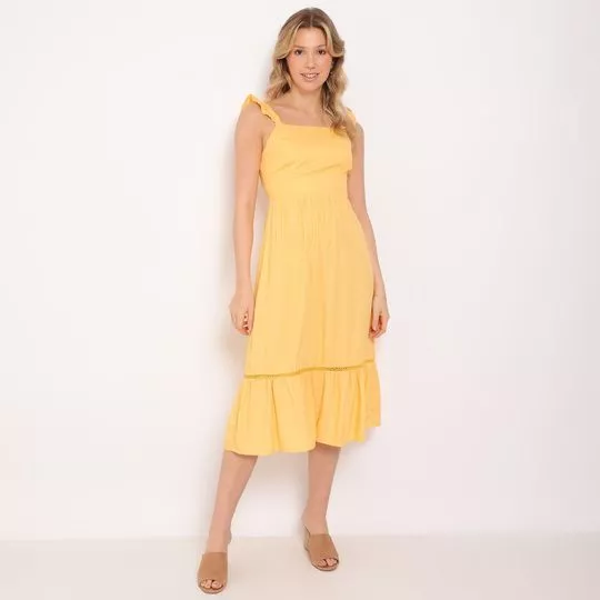 Vestido Mídi Com Franzidos- Amarelo- Mercatto