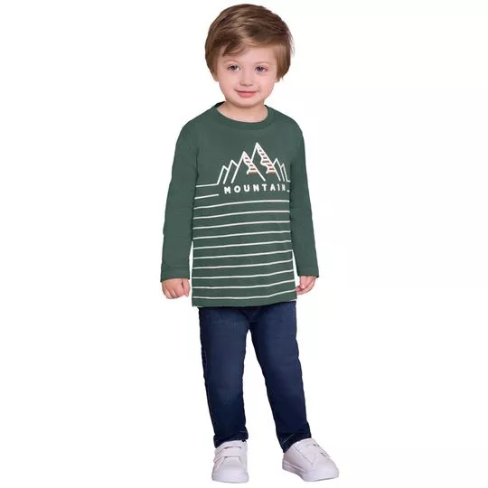 Camiseta Montanhas- Verde Escuro & Off White- Milon