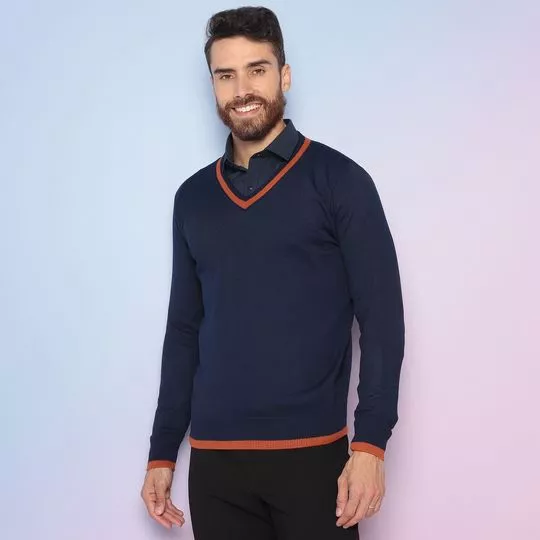 Suéter Em Tricô Com Recortes- Azul Marinho & Laranja