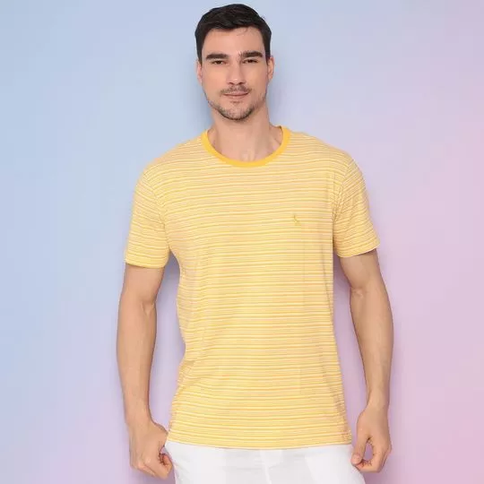 Camiseta Listrada Com Logo- Amarela & Off White- Reserva