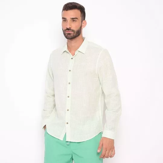 Camisa Listrada Com Linho- Verde Claro & Branca- Colcci