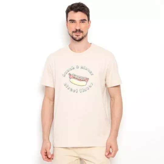 Camiseta Com Inscrições- Bege Claro & Branca- Colcci
