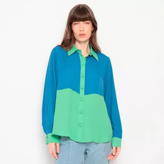 Camisa Com Recortes- Verde Claro & Azul- MARIA VALENTINA
