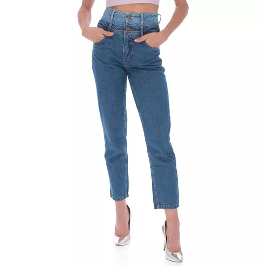 Calça Jeans Mom Com Recortes- Azul & Azul Escuro- ZINCO