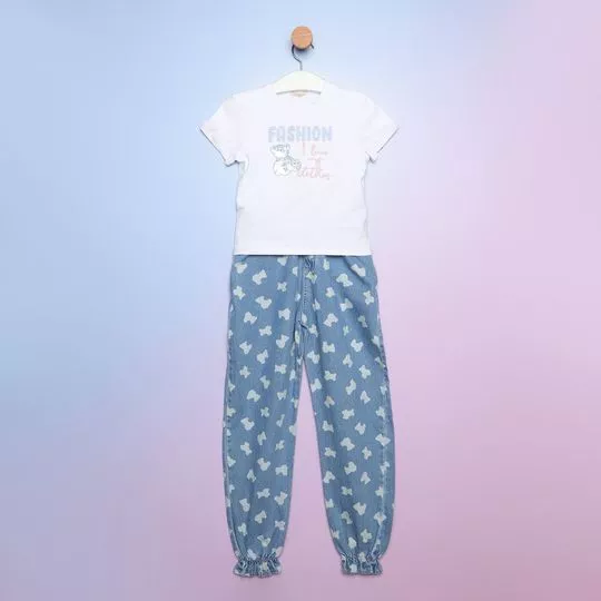 Conjunto De Camiseta Com Inscrições & Calça Jeans Jogger- Branco & Azul- PETIT CHERIE