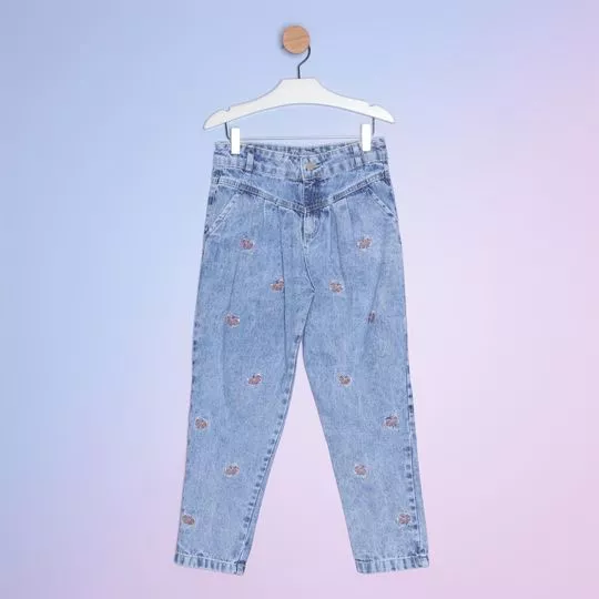 Calça Jeans Skinny Com Bordados- Azul & Bege- PETIT CHERIE