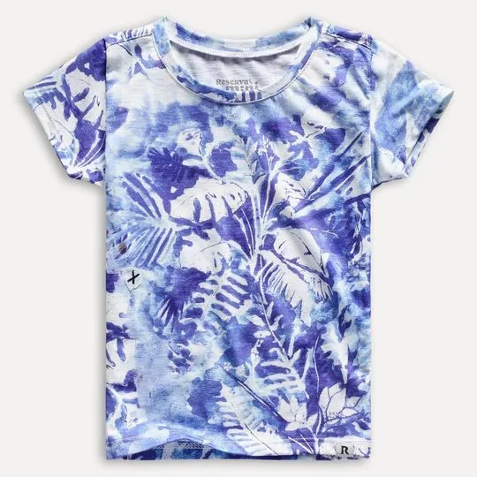 Camiseta Infantil Folhagens- Off White & Azul- Reserva Mini