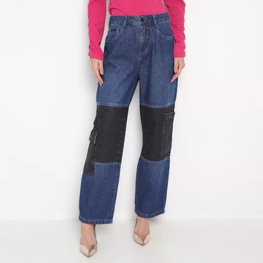 Calça Jeans Wide Leg Com Recortes- Azul Escuro & Preta- ZINCO