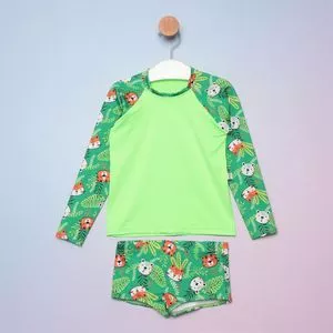 Conjunto De Camiseta & Sunga Boxer Animais Da Floresta<BR>- Verde & Verde Claro<BR>- Ceci Moda Praia