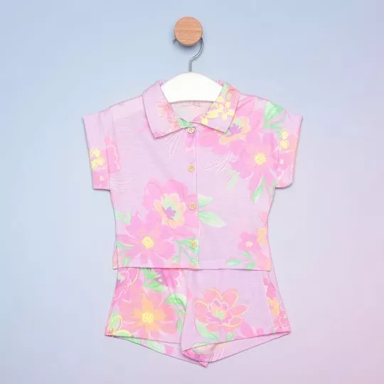 Conjunto De Camisa & Short Floral- Lilás & Verde- Mon Sucré
