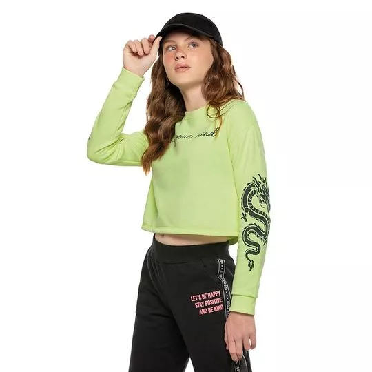 Blusão Cropped Dragão Juvenil- Verde Neon- Amora