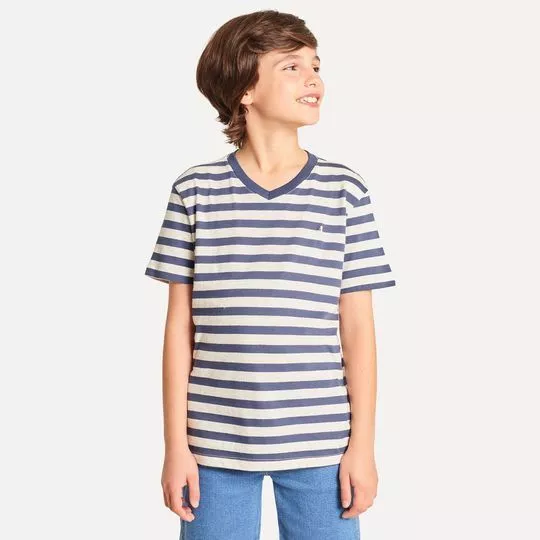 Camiseta Listrada- Off White & Azul Escuro- Reserva Mini