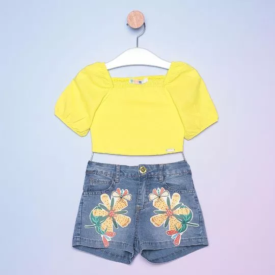 Conjunto Infantil De Cropped & Short Jeans Com Aplicação- Amarelo & Azul- Mylu