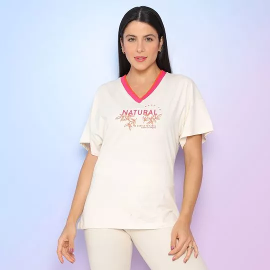 Camiseta Com Inscrições- Off White & Rosa- Colcci Fitness