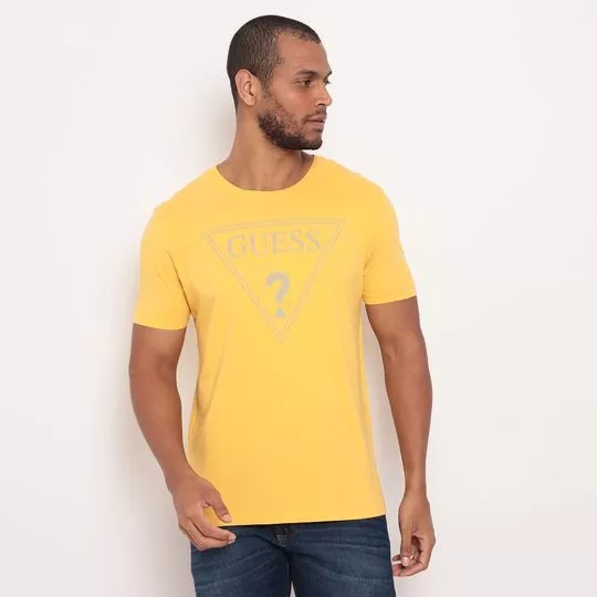 Camiseta Com Inscrição- Amarelo Claro & Cinza Claro- Guess