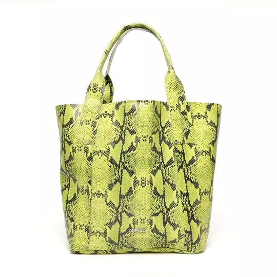 Bolsa Shopper Em Couro Animal Print- Verde Limão & Preta